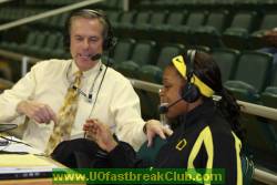 Play-by-play announcer, Terry Jonz, interviews Nia Jackson after the win against Santa Clara.